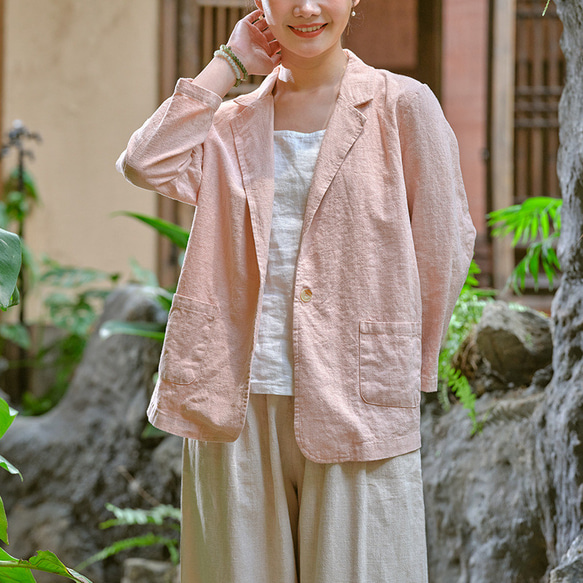 旧い砂洗い綿麻のジャケットを作る ブイネク女性スーツ #ピンクです 6枚目の画像