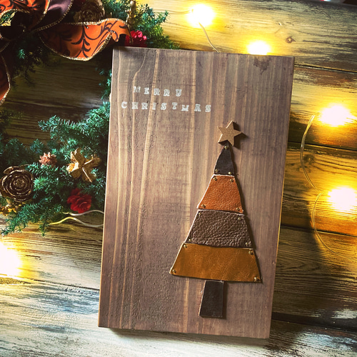 レザー クリスマスツリー ウッドボード インテリア ウォールデコ Xmas