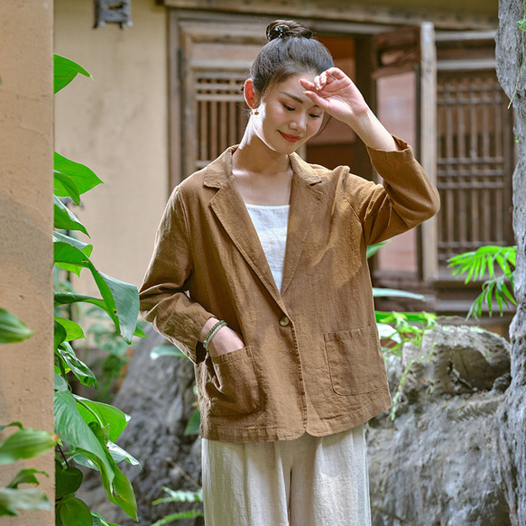 砂洗い綿麻のジャケットを作る ブイネク女性スーツ #旧黄 5枚目の画像