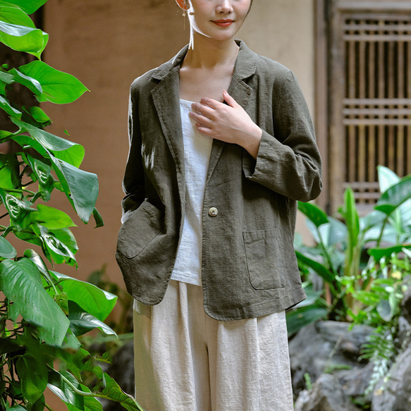 砂洗い綿麻のジャケットを作る ブイネク女性スーツ #旧緑 7枚目の画像