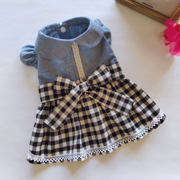 秋の新作 犬服 ダンガリーのギンガムチェックスカート切り替え
