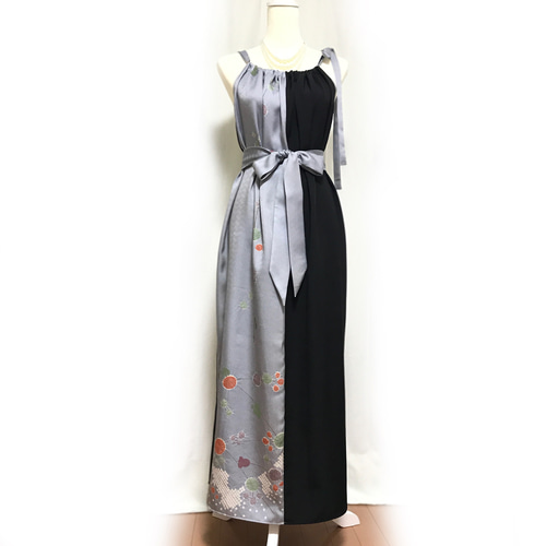 正絹】着物リメイク 訪問着×黒ドレス／辻が花染め／キャミワンピース 