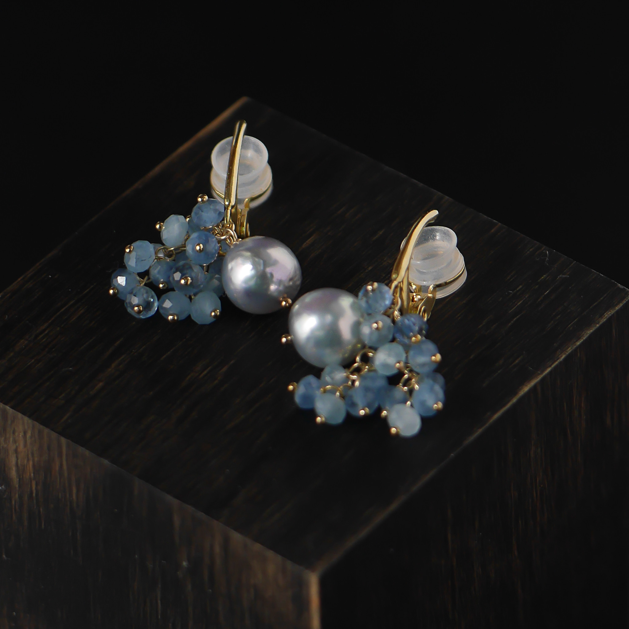 #962E　あこやパールとアクアマリンのモコモコソフトタッチイヤリング