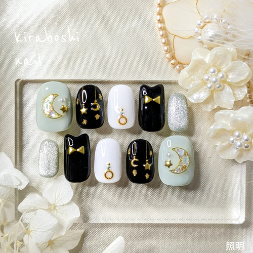 夜空の黒猫さん×グリーンネイル【注文時サイズ必須です♡】【vol.84