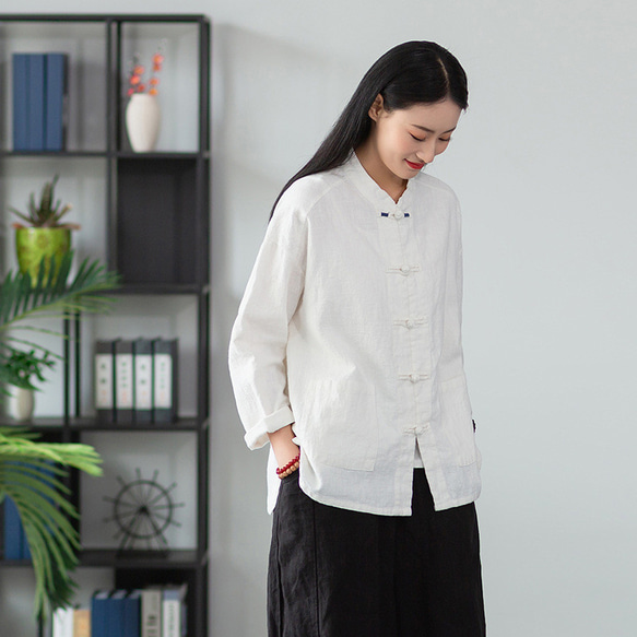 苎麻砂洗シャツ 盤釦開祺ワイシャツ婦人外套 #白です 12枚目の画像