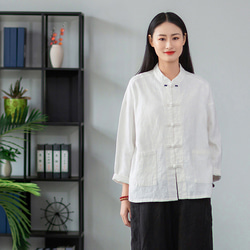苎麻砂洗シャツ 盤釦開祺ワイシャツ婦人外套 #白です 11枚目の画像