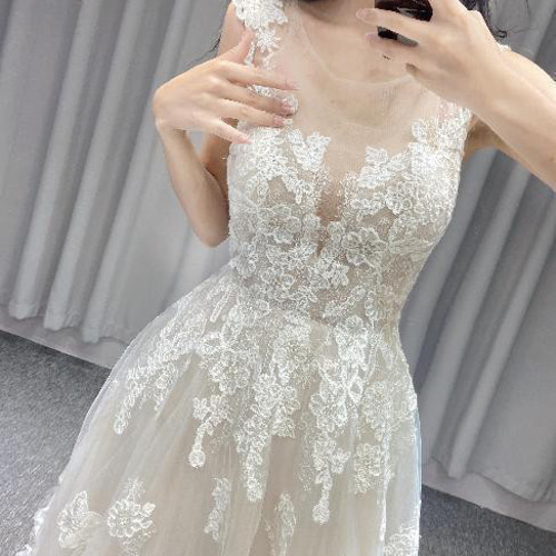 エレガントレース 薄シャンペン色 背中見せ ロングトレーン vネック  