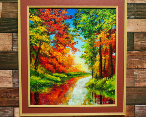 絵画 インテリア絵　 額付 (黒）油絵　uF6-081811　風景（湖 秋紅葉） 絵画 インテリア絵 額付 (黒）油絵 uF6-081811 風景（湖 秋紅葉