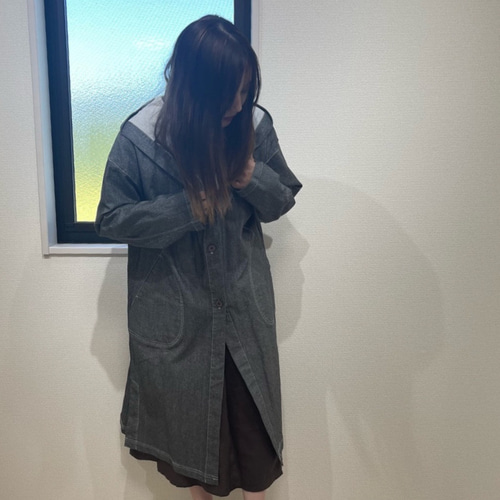 秋冬】デニムロングコート フード付き(ブラック) コート Calla Lily