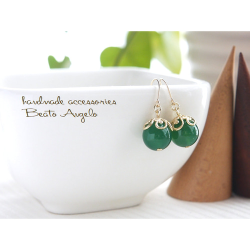 ✤【高品質】天然石緑メノウの一粒ピアス(p-018)G 10mm グリーン