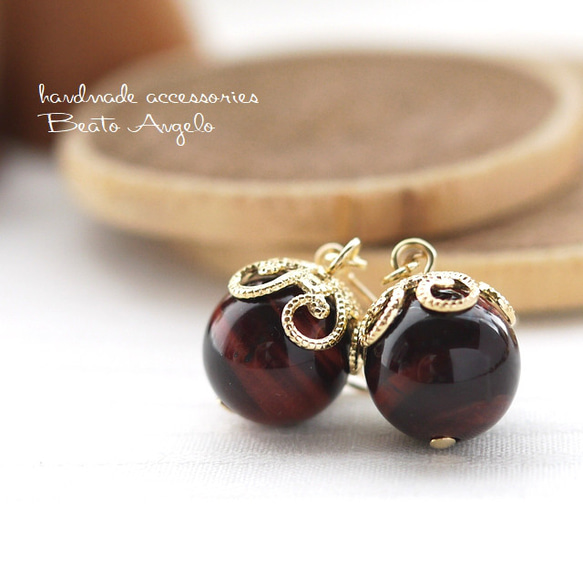 ✤【高品質】天然石レッドタイガーアイの一粒ピアス(p-003)G 10mm