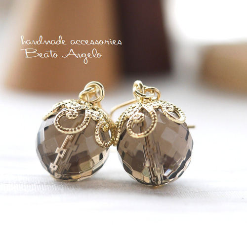 天然石スモーキークォーツピアス ✤【高品質】天然石スモーキークォーツの一粒ピアス(p-319)G 10mm