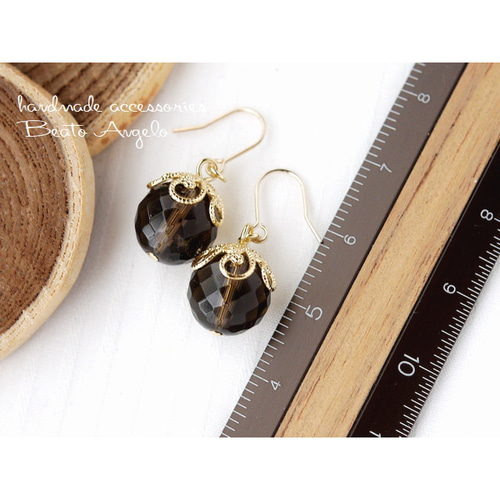 ✤【高品質】天然石スモーキークォーツの一粒ピアス(p-319)G 10mm