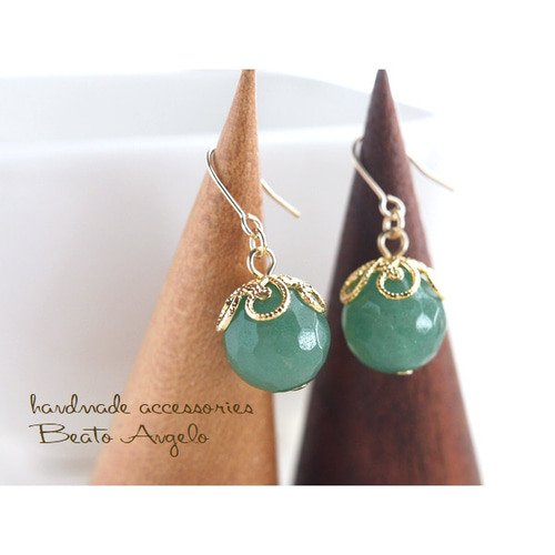 ✤天然石アベンチュリンの一粒ピアス(p-052)G 10mm ピアス（フック