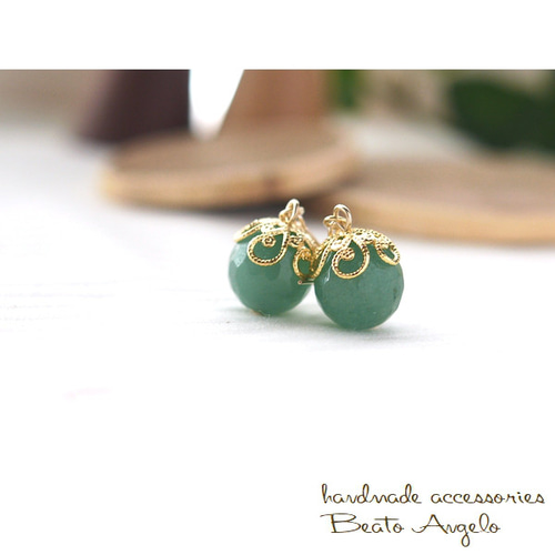 ✤天然石アベンチュリンの一粒ピアス(p-052)G 10mm ピアス（フック