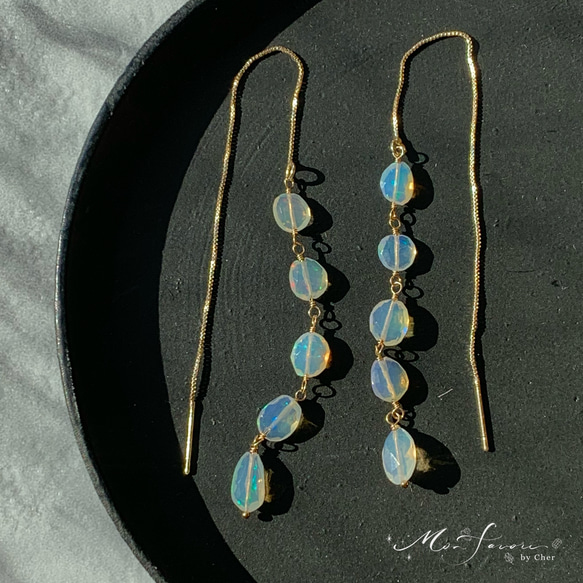 14Kgf天然石 レースのパールとオパールのキラメキとチェーンの揺らぎ