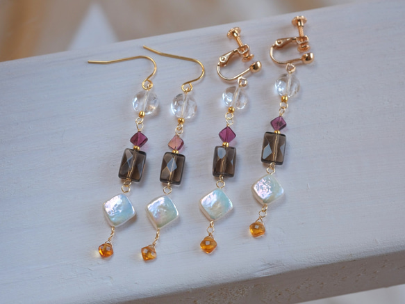 Sólarlagsferð earring：スモーキークォーツ×ガーネット×シトリン×淡水パール　天然石ピアス 7枚目の画像