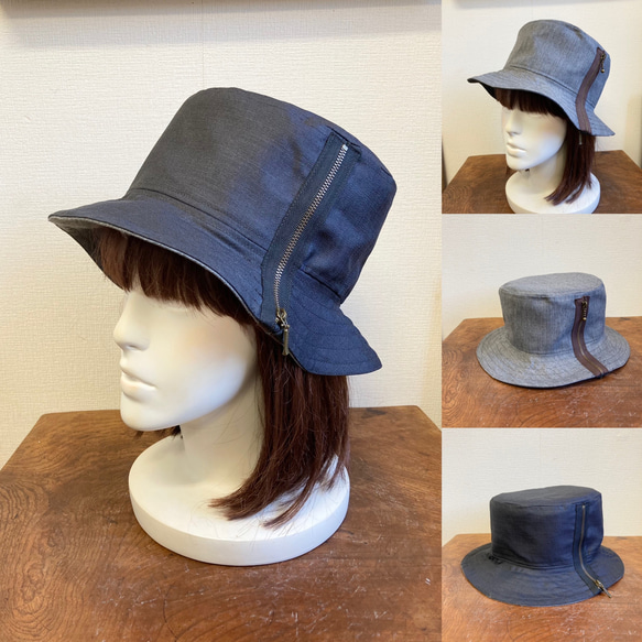 セール価格★リバーシブル2way❤️コットン素材バケットハット帽子 （グレー＆濃紺）サイズフリー L 58センチ 1枚目の画像