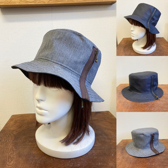 セール価格★リバーシブル2way❤️コットン素材バケットハット帽子 （グレー＆濃紺）サイズフリー L 58センチ 2枚目の画像