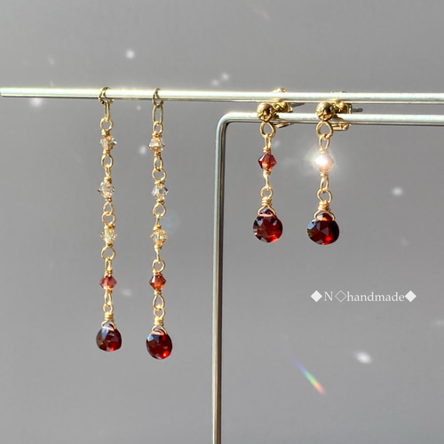 【送料0円】 宝石質ガーネットとスワロフスキー・クリスタルの2WAYピアス アクセサリー