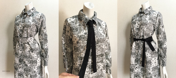 【1点もの・デザイン画付き】綿パッチワーク生地シャツ型ワンピース（KOJI TOYODA） 7枚目の画像