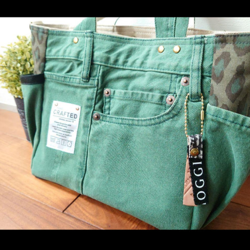 No.342【GREEN DENIM✖️LEOPARD❤️】デニムリメイクトートバッグ