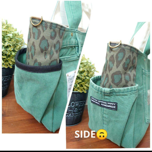 No.342【GREEN DENIM✖️LEOPARD❤️】デニムリメイクトートバッグ