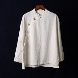 レトロな詰め襟のブラウス 手作りの綿麻シャツ #白です 1枚目の画像