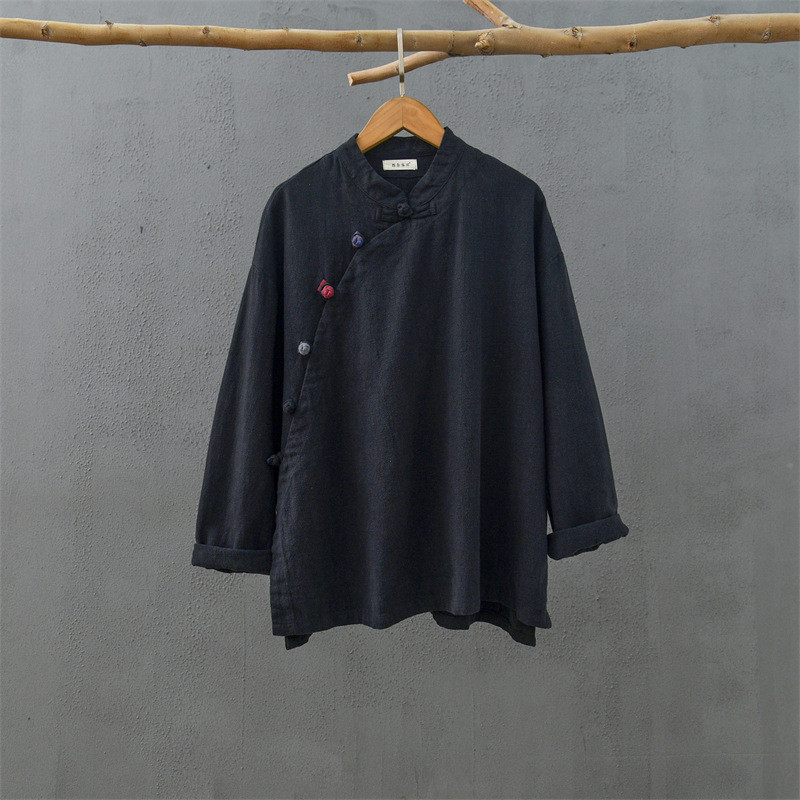レトロな詰め襟のブラウス 手作りの綿麻シャツ