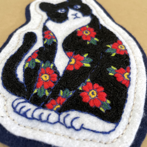 オールドスクールタトゥー風花柄キャット 手刺繍ワッペン その他