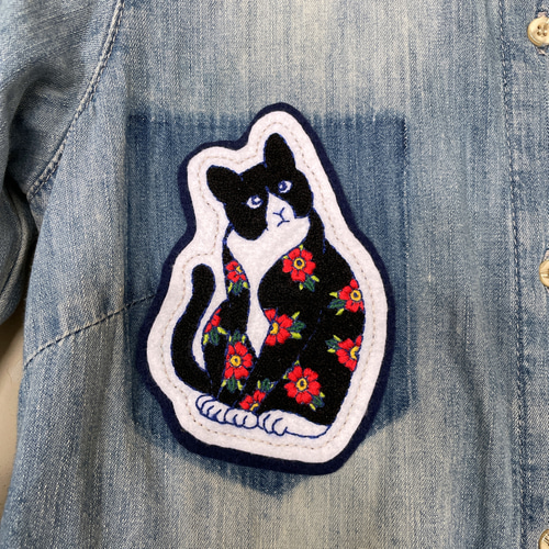 オールドスクールタトゥー風花柄キャット 手刺繍ワッペン その他