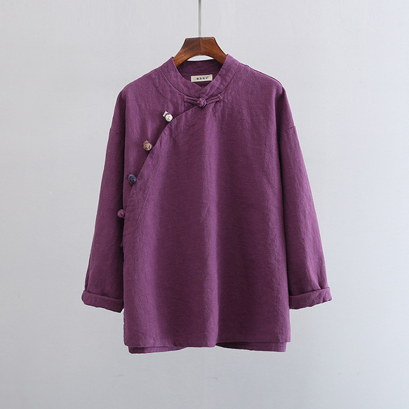 レトロな詰め襟のブラウス 手作りの綿麻シャツ #紫です 1枚目の画像