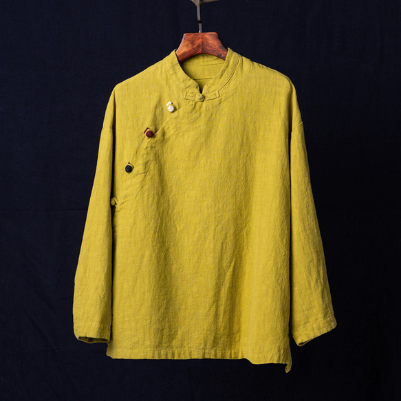 レトロな詰め襟のブラウス 手作りの綿麻シャツ #ジンジャー黄色 1枚目の画像