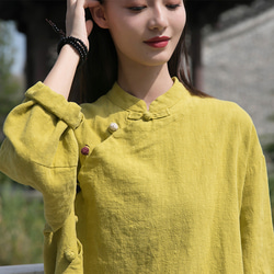 レトロな詰め襟のブラウス 手作りの綿麻シャツ #ジンジャー黄色 9枚目の画像