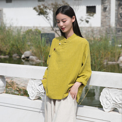 レトロな詰め襟のブラウス 手作りの綿麻シャツ #ジンジャー黄色 4枚目の画像