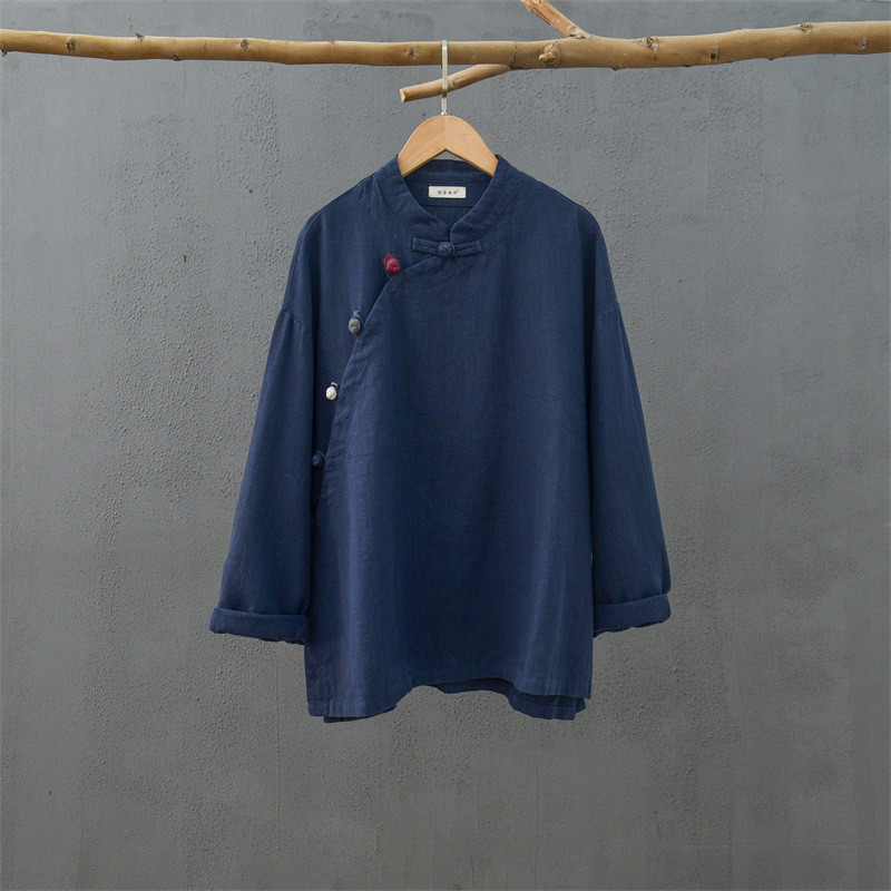 レトロな詰め襟のブラウス 手作りの綿麻シャツ #紺色です