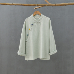レトロな詰め襟のブラウス 手作りの綿麻シャツ #緑豆色 1枚目の画像