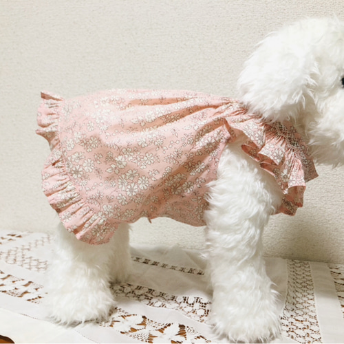 リバティ　ハンドメイド　スモッキングワンピース　刺繍　花柄　ピンク　犬服 犬服 スモッキング刺繍のリバティプリントドレス グレンジェイド