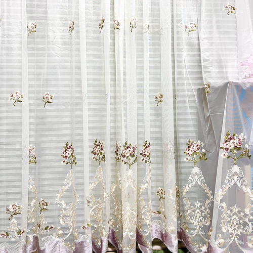 刺繍 花柄 レースカーテン 2枚組 (ブルー 横幅100cm×丈198cm)