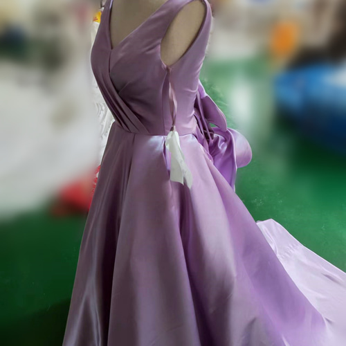 上品！ピンク紫 Vネック 編み上げ オンショルダードレス お呼ばれ  