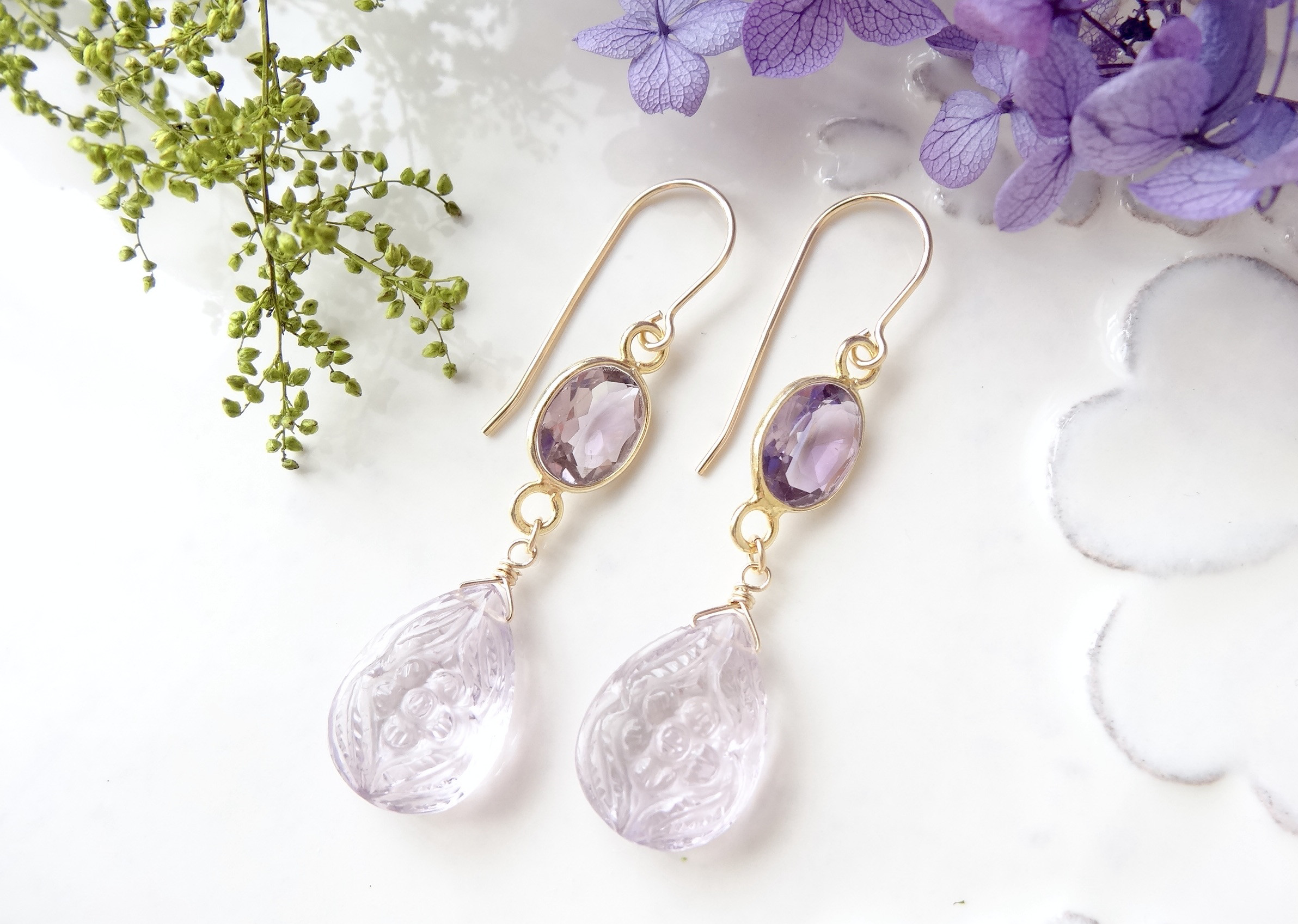 花の彫刻入ピンクアメジスト＆K14gfピアス・宵桜