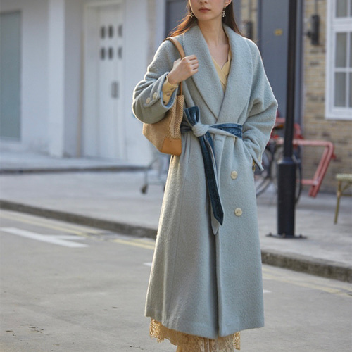 異素材アクセント ウール混ロングコート ウエストベルト【春秋冬