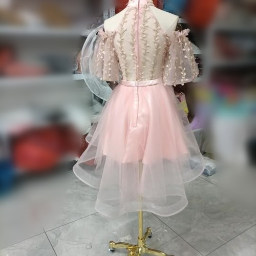 上品！ピンク オフショルダー ハイネック 3D立体レース刺繍 ミニ