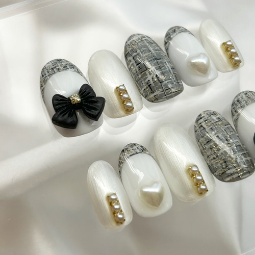 【オーダー専】 冬 ツイード 量産型 千鳥柄 シルバー クリスマス ネイルチップ 冬ネイル☆千鳥柄ネイル Winter Houndstooth Nail Art Tutorial