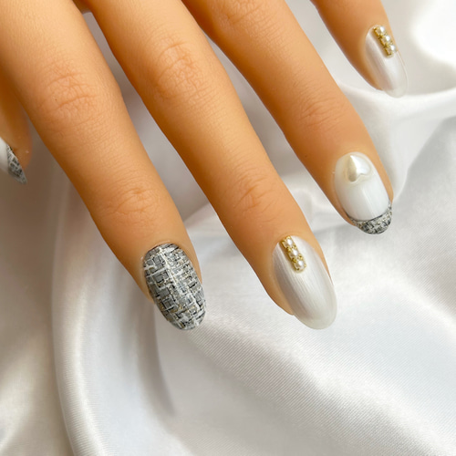 【オーダー専】 冬 ツイード 量産型 千鳥柄 シルバー クリスマス ネイルチップ 冬ネイル☆千鳥柄ネイル Winter Houndstooth Nail Art Tutorial