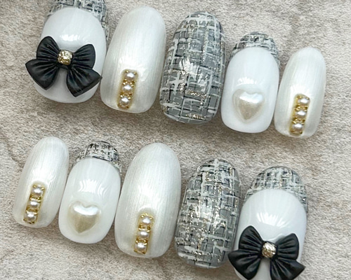 【オーダー専】 冬 ツイード 量産型 千鳥柄 シルバー クリスマス ネイルチップ 冬ネイル☆千鳥柄ネイル Winter Houndstooth Nail Art Tutorial