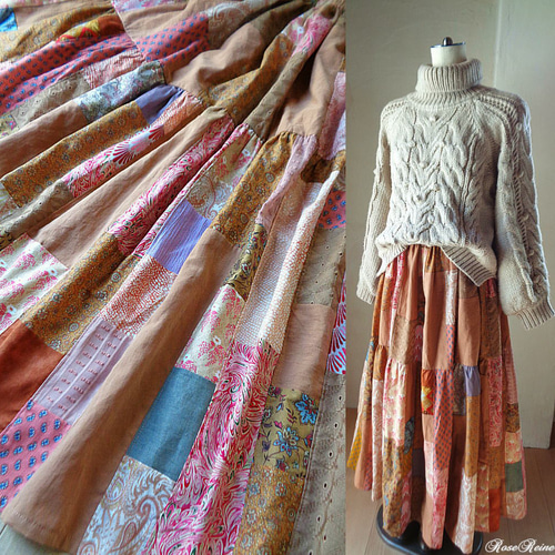 ラス1 雛祭りセール 絵画なパッチワーク♥ブラウン＆コーラル マキシ丈