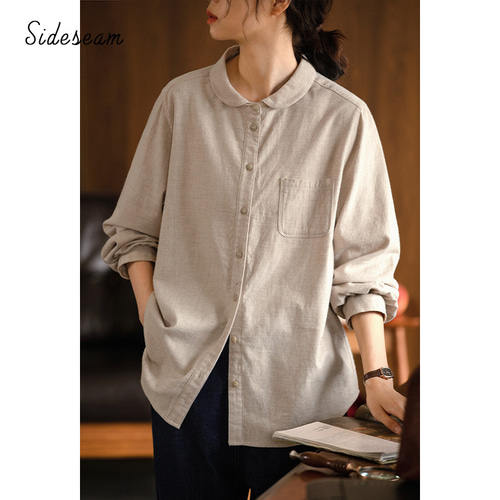 100%コットン長袖シャツ 可愛い襟長袖シャツ ベージュ S-Mサイズ  