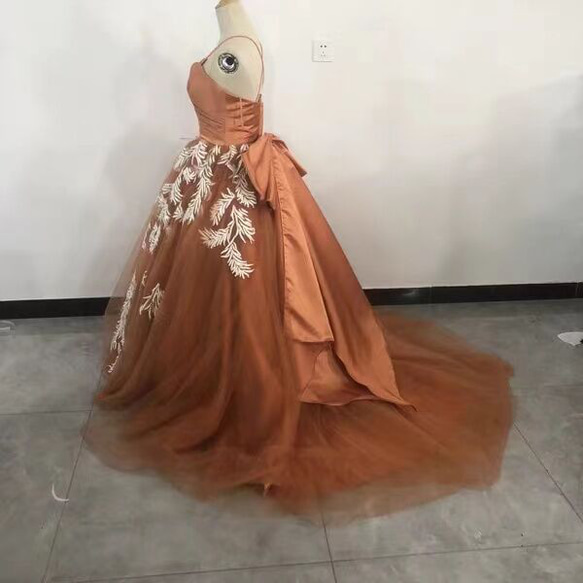 エレガント カラードレス テラコッタ 上質オーガンジー 上品レース 花嫁/ウェディングドレス/ブライズメイド 3枚目の画像