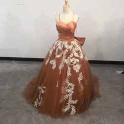 エレガント カラードレス テラコッタ 上質オーガンジー 上品レース 花嫁/ウェディングドレス/ブライズメイド 1枚目の画像